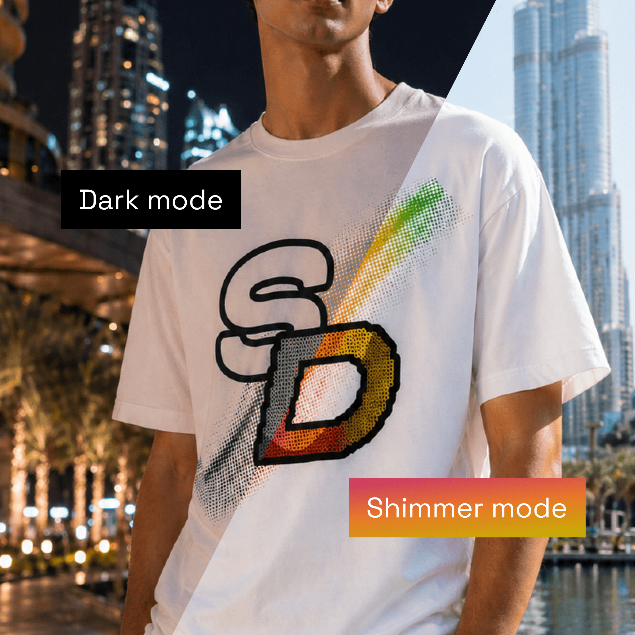 SunDrip shirt — dark mode and shimmer mode